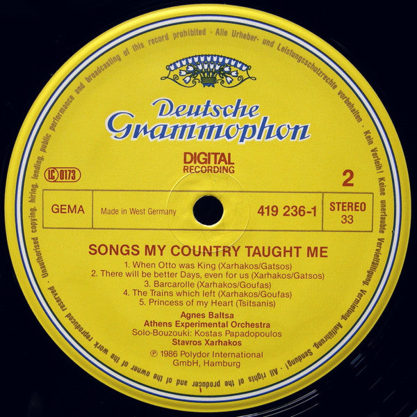 Agnes Baltsa : Songs My Country Taught Me = Lieder Meiner Heimat = Chansons Mon Pays Natal (LP, Album)