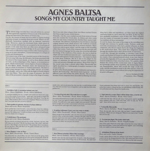Agnes Baltsa : Songs My Country Taught Me = Lieder Meiner Heimat = Chansons Mon Pays Natal (LP, Album)