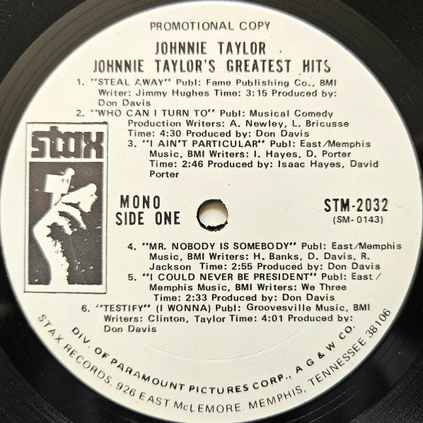 Johnnie Taylor : Johnnie Taylor's Greatest Hits (LP, Comp, Mono, Promo)