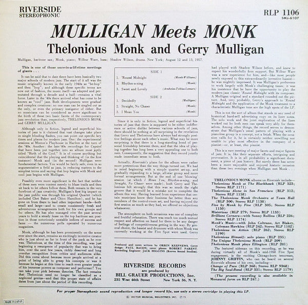 Thelonious Monk And Gerry Mulligan : Mulligan Meets Monk (LP, Album, RE)