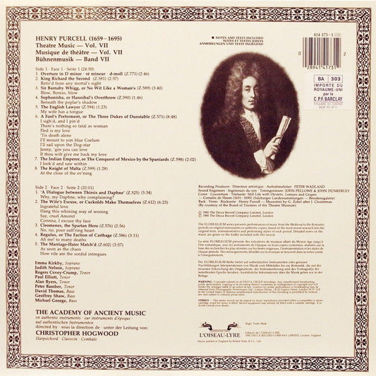 Henry Purcell - Emma Kirkby • Judith Nelson • Rogers Covey-Crump • David Thomas , The Academy Of Ancient Music, Christopher Hogwood - Theatre Music Vol. VII vinyl record, LP (Near Mint (NM or M-)) | Lulo Records