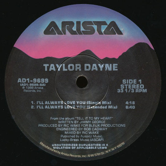 Taylor Dayne - I'll Always Love You vinyl record, 12" (Very Good Plus (VG+)) | Lulo Records
