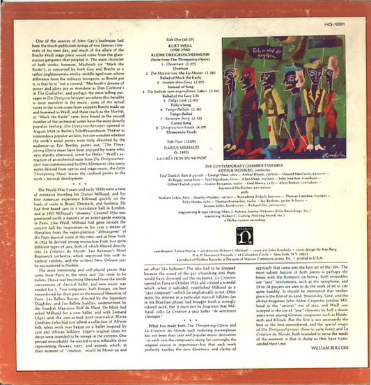 Kurt Weill • Darius Milhaud • Arthur Weisberg Conducting The Contemporary Chamber Ensemble* : Suite From The Threepenny Opera, La Création Du Monde (LP, Quad)