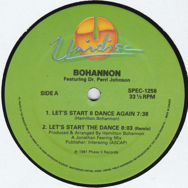 Hamilton Bohannon : Let's Start II Dance Again / Let's Start The Dance (Remix) / Let's Start The Dance III (12", Gre)