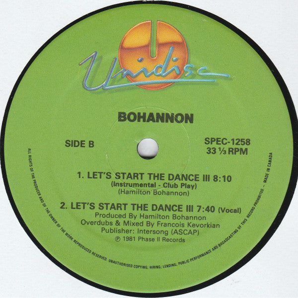 Hamilton Bohannon : Let's Start II Dance Again / Let's Start The Dance (Remix) / Let's Start The Dance III (12", Gre)