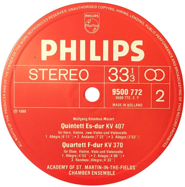 Academy Of St. Martin-in-the-Fields Chamber Ensemble, Antony Pay, Timothy Brown (2), Neil Black (3) - Wolfgang Amadeus Mozart : Clarinet Quintet KV 581 / Oboe Quartet KV 370 / Horn Quintet KV 407 (LP)