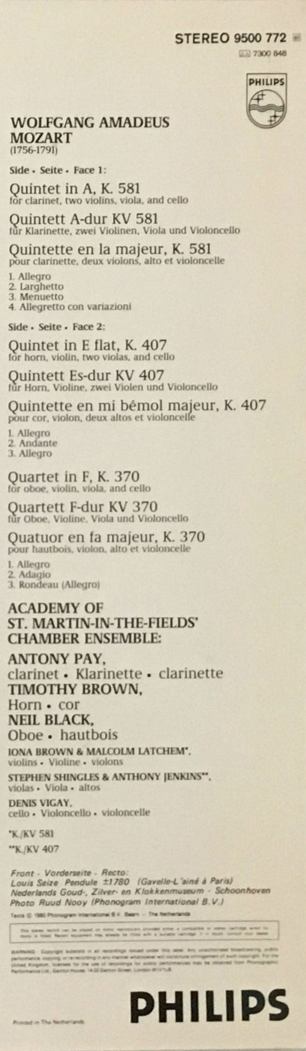 Academy Of St. Martin-in-the-Fields Chamber Ensemble, Antony Pay, Timothy Brown (2), Neil Black (3) - Wolfgang Amadeus Mozart : Clarinet Quintet KV 581 / Oboe Quartet KV 370 / Horn Quintet KV 407 (LP)