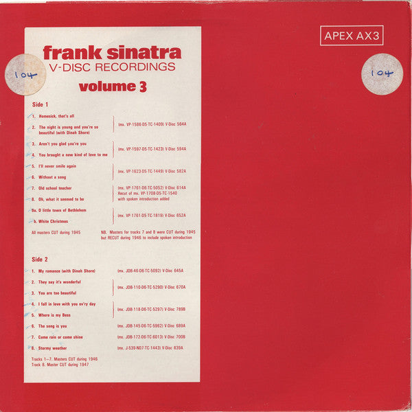 Frank Sinatra : The V-Disc Recordings Volume 3 (LP, Comp, Mono)