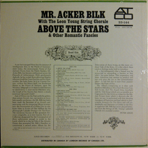 Acker Bilk Accompanied By The Leon Young String Chorale : Above The Stars & Other Romantic Fancies (LP)