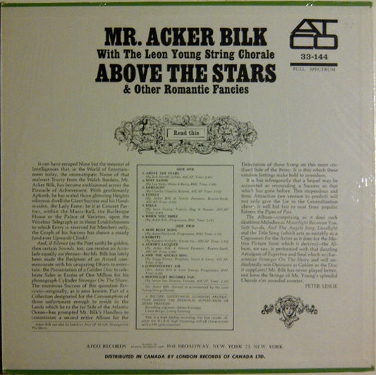 Acker Bilk Accompanied By The Leon Young String Chorale : Above The Stars & Other Romantic Fancies (LP)