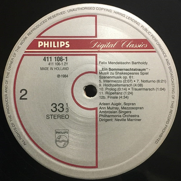 Felix Mendelssohn-Bartholdy, Arleen Auger · Ann Murray · The Ambrosian Singers, Philharmonia Orchestra · Sir Neville Marriner : A Midsummer Night's Dream (Complete) (LP)