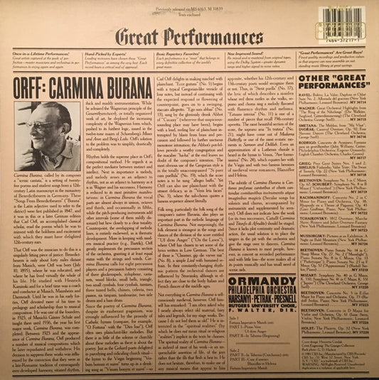 Carl Orff : Eugene Ormandy, The Philadelphia Orchestra, Janice Harsanyi, Rudolf Petrak, Harve Presnell, The Rutgers University Choir, F. Austin Walter - Carmina Burana vinyl record, LP (Mint (M)) | Lulo Records