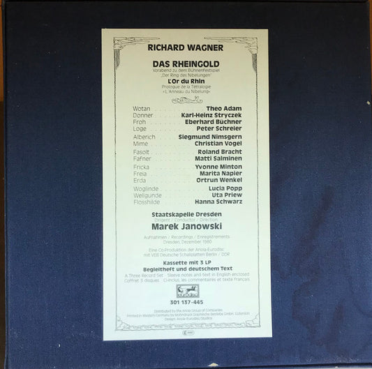 Wagner* - Adam*, Nimsgern*, Schreier*, Bracht*, Salminen*, Vogel*, Büchner*, Stryczek*, Minton*, Popp*, Priew*, Schwarz*, Napier*, Wenkel*, Staatskapelle Dresden, Janowski* : Das Rheingold (3xLP, Dig + Box)