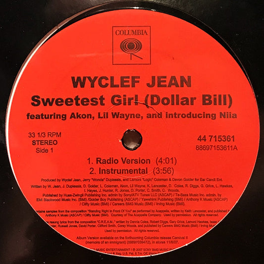 Wyclef Jean Featuring Akon, Lil Wayne And Introducing Niia - Sweetest Girl (Dollar Bill) vinyl record, 12" (Mint (M)) | Lulo Records