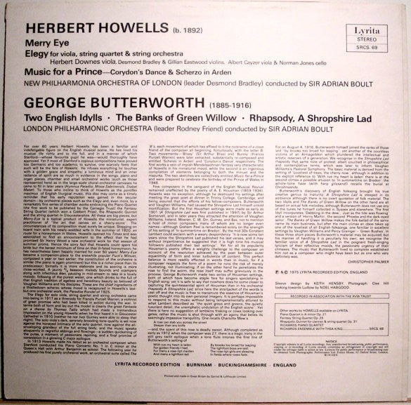 Herbert Howells, George Butterworth, New Philharmonia Orchestra – London Philharmonic Orchestra, Sir Adrian Boult : Merry Eye / Elegy / Music For A Prince / Two English Idylls / The Banks Of Green Willow / Rhapsody, A Shropshire Lad (LP)