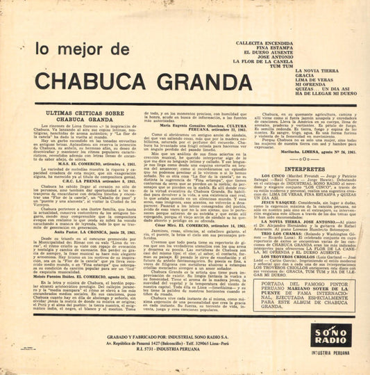 Various - Lo Mejor De Chabuca Granda vinyl record, LP (Near Mint (NM or M-)) | Lulo Records