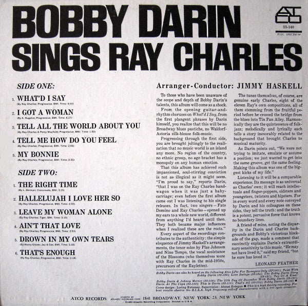 Bobby Darin : Sings Ray Charles (LP, Album, Mono, Yel)