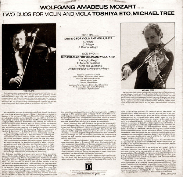 Wolfgang Amadeus Mozart, Toshiya Eto, Michael Tree : Two Duos For Violin And Viola (LP)