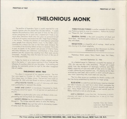 Thelonious Monk Trio : Thelonious Monk Trio (LP, Comp, Mono, RE)