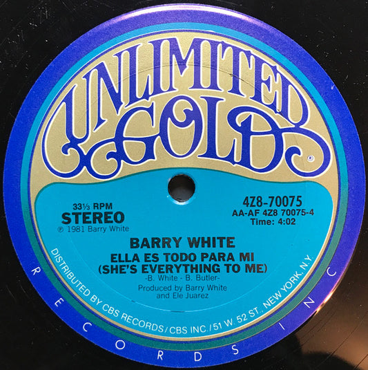 Barry White - Mi Nueva Cancion (Love Makin' Music) / Ella Es Todo Para Mi (She's Everything To Me) vinyl record, 12" (Near Mint (NM or M-)) | Lulo Records