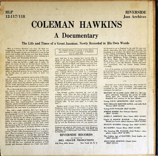 Coleman Hawkins - A Documentary (The Life And Times Of A Great Jazzman, Newly Recorded In His Own Words) vinyl record, 2xLP (Very Good (VG)) | Lulo Records