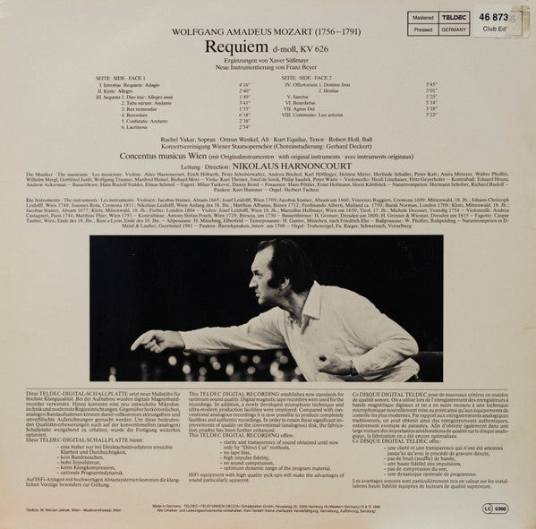 Wolfgang Amadeus Mozart, Rachel Yakar, Ortrun Wenkel, Kurt Equiluz, Robert Holl, Konzertvereinigung Wiener Staatsopernchor, Concentus Musicus Wien, Nikolaus Harnoncourt : Requiem (LP)