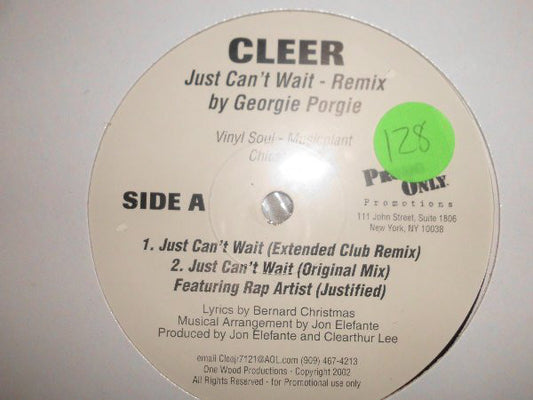 Cleer - Just Can't Wait Remix By Georgia Porgie vinyl record, 12" (Mint (M)) | Lulo Records