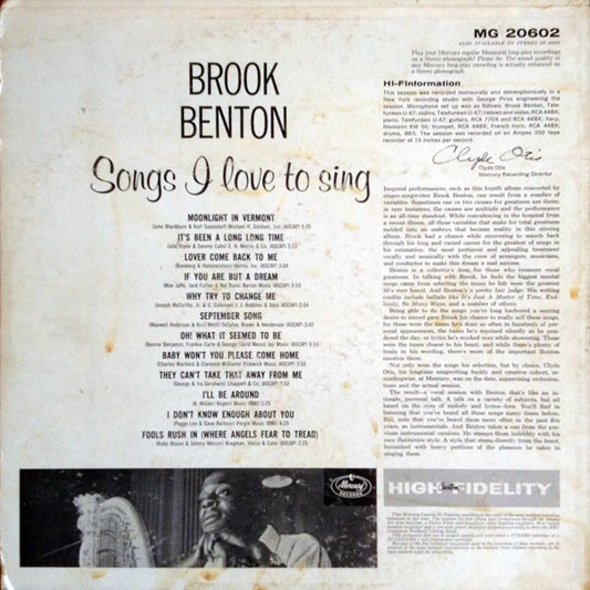 Brook Benton : Songs I Love To Sing (LP, Album, Mono, RE, 2nd)