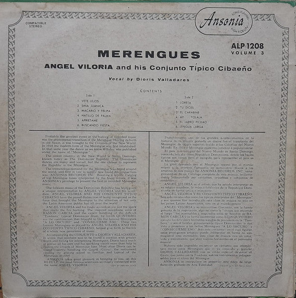 Angel Viloria Y Su Conjunto Típico Cibaeño Canta: Dioris Valladares : Merengues Vol. 3 (LP)