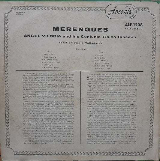 Angel Viloria Y Su Conjunto Típico Cibaeño Canta: Dioris Valladares - Merengues Vol. 3 vinyl record, LP (Very Good (VG)) | Lulo Records
