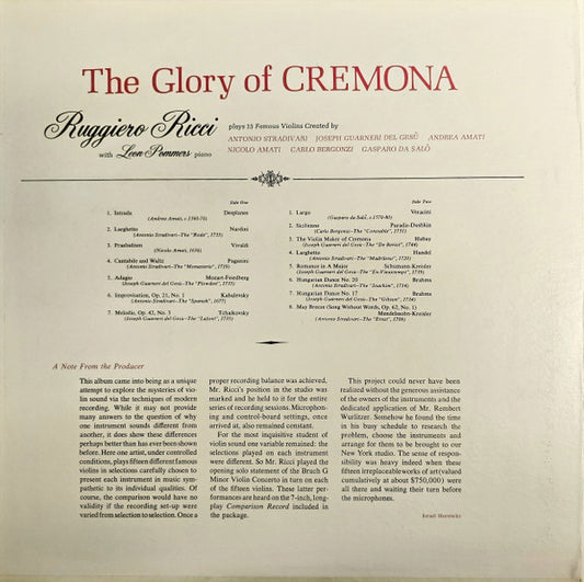 Ruggiero Ricci : The Glory Of Cremona - Ruggerio Ricci Plays 15 Famous Violins (LP + 7")