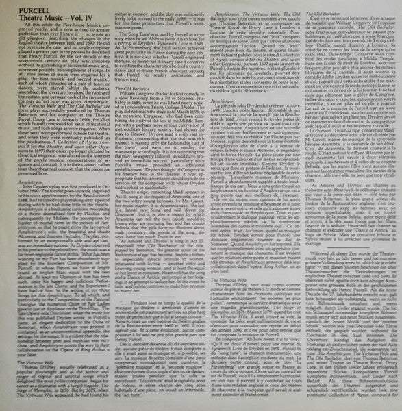 Henry Purcell - The Academy Of Ancient Music : Theatre Music Vol IV (The Virtuous Wife • The Old Bachelor • Amphitryon) (LP)