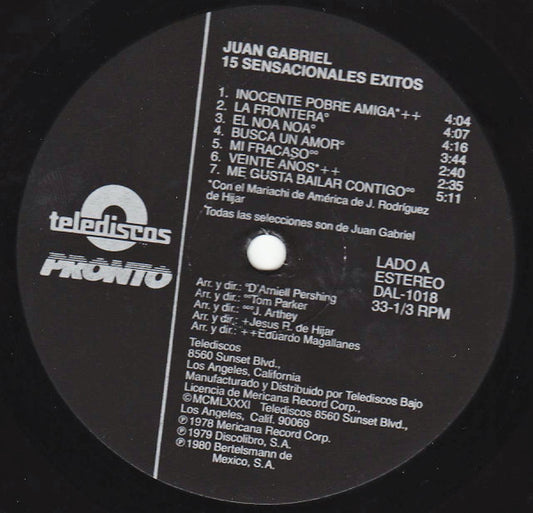 Juan Gabriel : 15 Sensacionales Éxitos (LP, Comp)