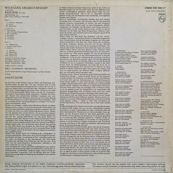 Wolfgang Amadeus Mozart, Helen Donath, Yvonne Minton, Ryland Davies, Gerd Nienstedt, John Alldis Choir, BBC Symphony Orchestra, Sir Colin Davis : Requiem (LP)