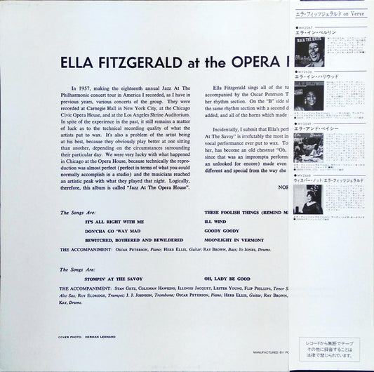 Ella Fitzgerald : Ella Fitzgerald At The Opera House (LP, Album, Mono, RE)