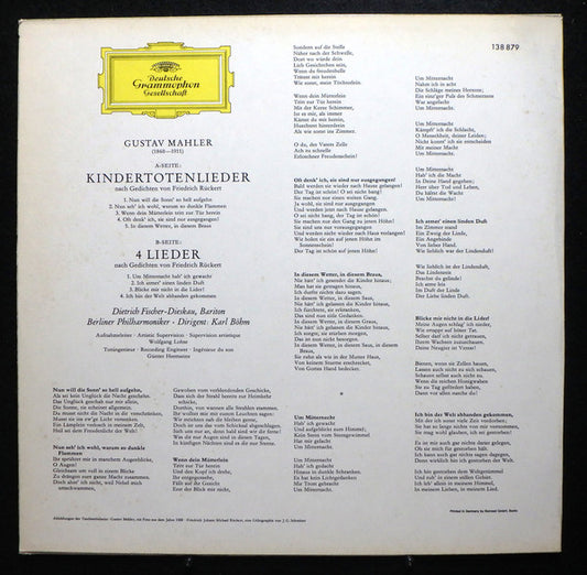 Gustav Mahler - Dietrich Fischer-Dieskau · Karl Böhm · Berliner Philharmoniker - Kindertotenlieder · 4 Rückert-Lieder vinyl record, LP (Near Mint (NM or M-)) | Lulo Records