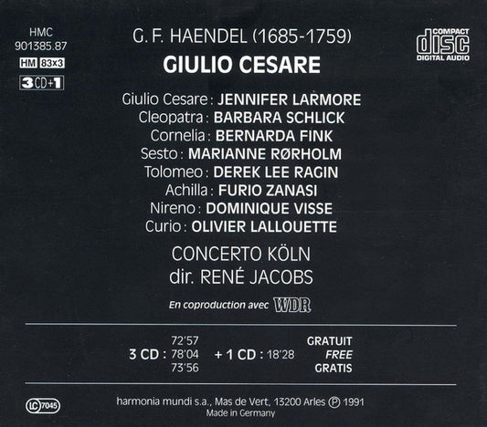 Georg Friedrich Händel - Jennifer Larmore, Barbara Schlick, Bernarda Fink, Marianne Rørholm, Derek Lee Ragin, Furio Zanasi, Dominique Visse, Olivier Lallouette, Concerto Köln, René Jacobs - Giulio Cesare vinyl record, 4xCD (Near Mint (NM or M-)) | Lulo Records
