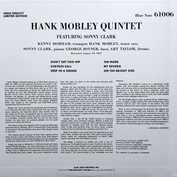 The Hank Mobley Quintet Featuring Sonny Clark : Hank Mobley Quintet Featuring Sonny Clark (LP, Album, Ltd)