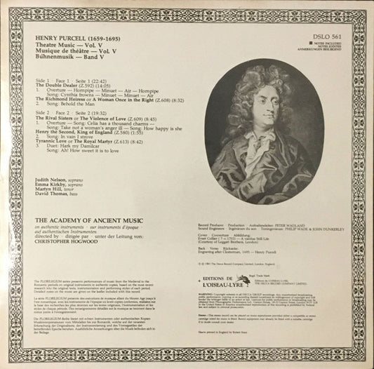 Henry Purcell - The Academy Of Ancient Music - Theatre Music Vol. V (The Double Dealer • The Richmond Heiress • The Rival Sisters • Henry The Second • Tyrannic Love) vinyl record, LP (Very Good Plus (VG+)) | Lulo Records