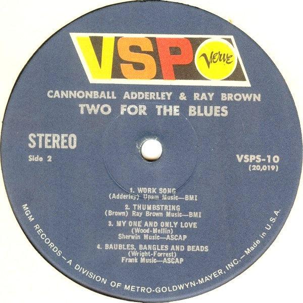 Cannonball Adderley & Ray Brown : Two For The Blues (LP, Album, RE)