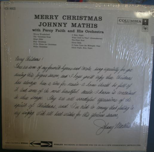 Johnny Mathis - Merry Christmas vinyl record, LP (Mint (M)) | Lulo Records