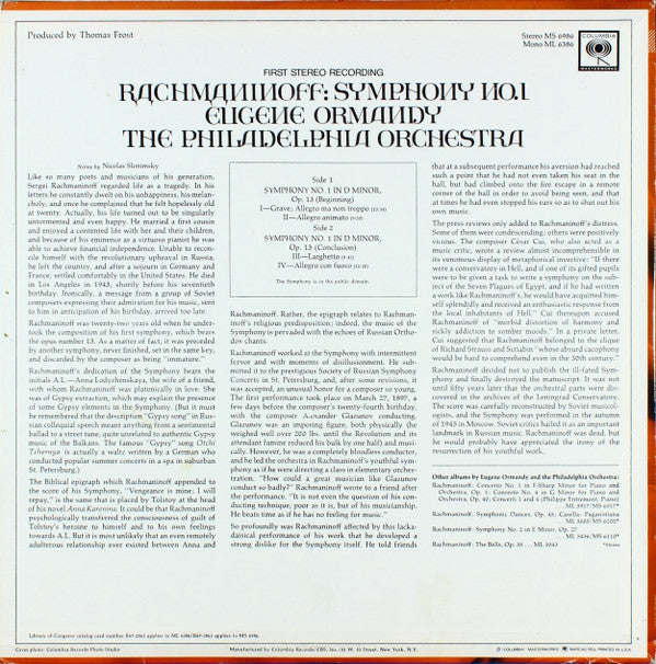 Eugene Ormandy, The Philadelphia Orchestra, Sergei Vasilyevich Rachmaninoff : Symphony No. 1 (LP, Album)