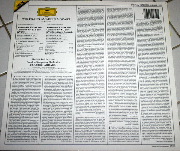 Wolfgang Amadeus Mozart - Rudolf Serkin, London Symphony Orchestra & Claudio Abbado : Klavierkonzerte = Piano Concertos Nos. 27 & 8 (LP)