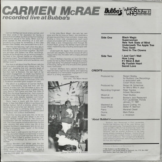 Carmen McRae : Recorded Live At Bubba's (LP, Album)