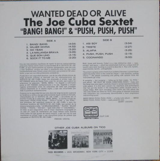 Joe Cuba Sextet : Wanted Dead Or Alive (Bang! Bang! Push, Push, Push) (LP, Album, RE)
