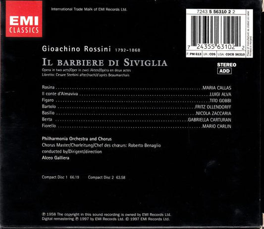 Gioacchino Rossini - Maria Callas, Luigi Alva, Tito Gobbi, Philharmonia Orchestra And Philharmonia Chorus, Alceo Galliera - Il Barbiere Di Siviglia vinyl record, 2xCD (Mint (M)) | Lulo Records