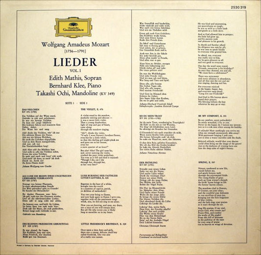 Edith Mathis, Bernhard Klee - Wolfgang Amadeus Mozart - Lieder vinyl record, LP (Near Mint (NM or M-)) | Lulo Records