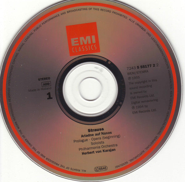 Richard Strauss - Elisabeth Schwarzkopf, Rita Streich, Irmgard Seefried, Rudolf Schock, Hermann Prey, Philharmonia Orchestra, Herbert Von Karajan : Ariadne Auf Naxos (2xCD, Album, Mono, RM + Box, RE)