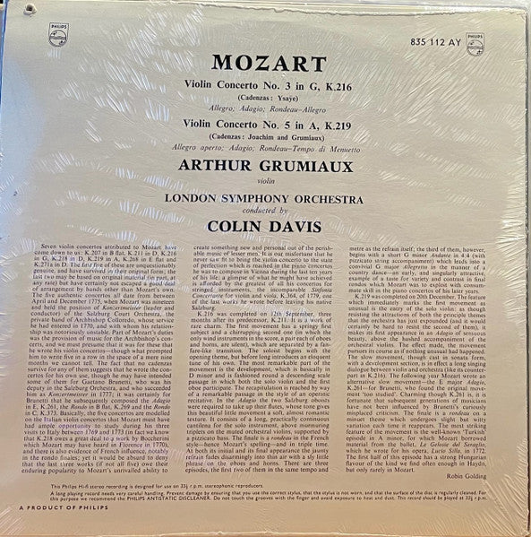 Wolfgang Amadeus Mozart - Arthur Grumiaux - Sir Colin Davis : Violin Concerto No. 3 In G Major, K.216; Violin Concerto No. 5 In A Major K.219 (LP, Album)