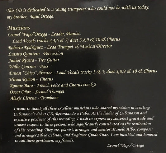 Papo Ortega* Presents: Cubanoson : Recordando A Cuba... (CD, Album)